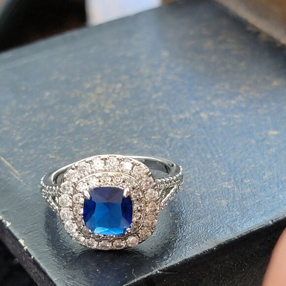 Rhodium Plated Simulated Sapphire Halo Ring - Size 7 - Double Halo Brilliance - Picture 7 of 11